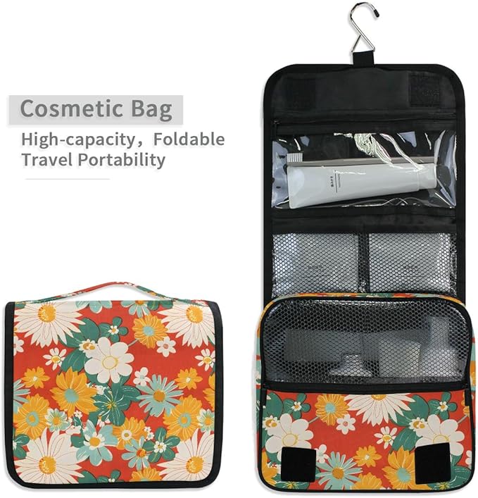 senya Hanging Travel Toiletry Bag Kit Boys Makeup Case Cosmetics Organizer for Men Women (Flowers Retro)