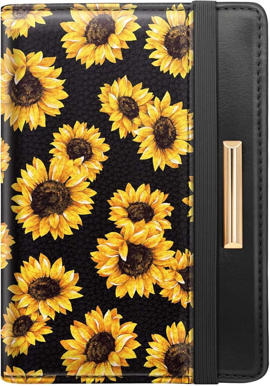Coco Rossi Women's Black Floral Sunflower Passport Wallet Cover with RFID Blocking, 7 Compartments, 4 Card Slots, Magnetic Closure