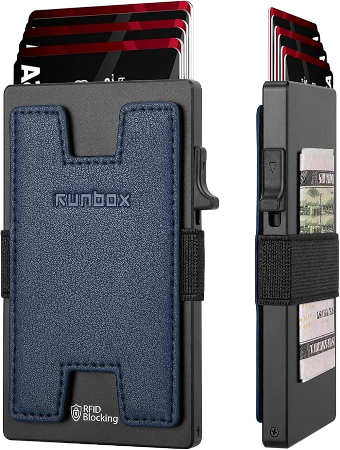 RUNBOX Slim Card Holder Wallet for Men, Minimalist RFID Blocking Wallet with Pop-Up Function, Ultra-Thin Design, Metal Business Card Cases holds 6+6 Cards, Gifts for Men, Men's Accessories