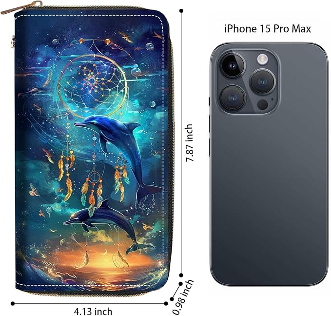 Women's Large Capacity Wallet PU Leather Zip Around Clutch Purse Multifunctional Wallet with Removable Wristlet Strap for Smart Phone/Coin/Card/Cash, Dream Catcher Dolphin