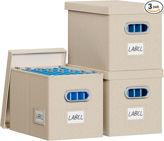 FHSQX File Box with Lid-File Organizer Box Set of 2 Portable Hanging File Box-Decorative Filing Storage Boxes for Office & Home File Cabinet (Beige, 14 x 9.3 x 10.9 in (3Pack))