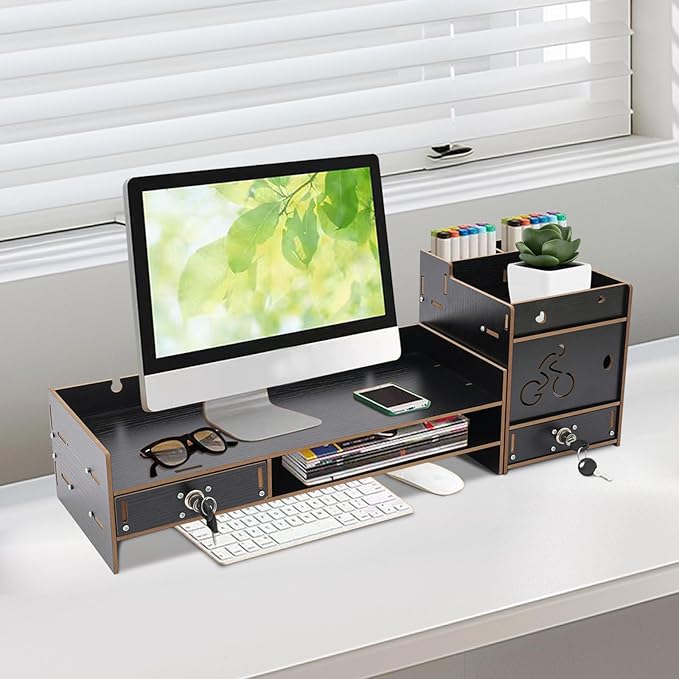 Desktop Monitor Stand with Drawer, Adjustable Laptop Riser Monitor Riser, Computer Monitor Booster Stand for Home Office