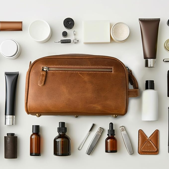 LEATHER VILLAGE Genuine Leather Toiletry Travel Bag With Waterproof Lining - Sun Tan | King-Size Handcrafted Vintage Dopp Kit Bag, Shaving & Bathroom Organizer, Gift for Men & Women