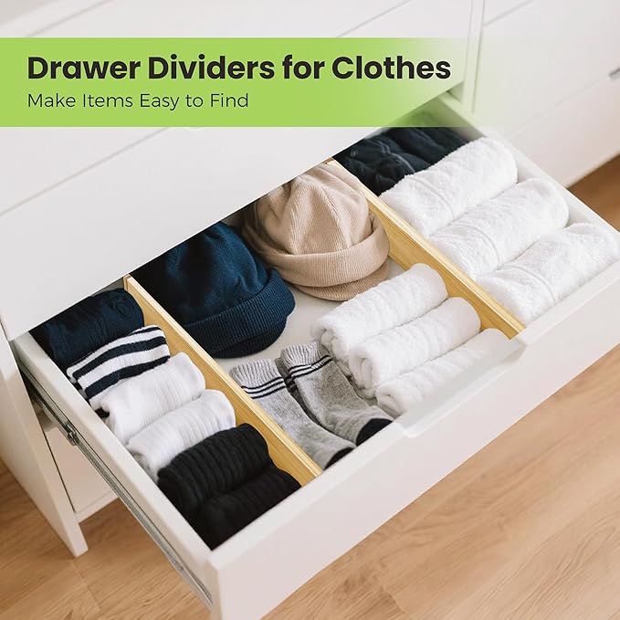 Drawer Divider, Adjustable Bamboo Kitchen Drawer Organizer, Spring Loaded Drawer Organizer, Dresser Separators for Kitchen, Bathroom, Clothes, Office Desk Storage (Natural, 8 Pack Large)