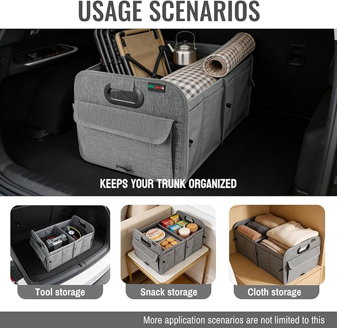 PAT SAM'S Trunk Organizer for SUV, Foldable Car Storage Organizer with Dividers, Waterproof Oxford, Collapsible Car Storage Box with Pockets for Grocery, Tools, Travel (Beige)