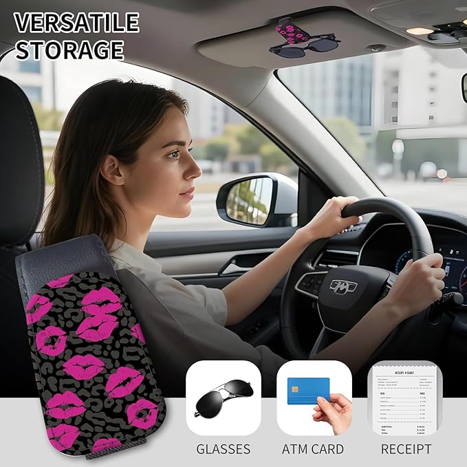 Sunglasses Holder for Car Visor, PU Leather Glasses Clip Organizer, Cute Magnetic Eyeglass Holder for Vehicle Sun Visor, Car Interior Accessory for Women & Men Hot Pink Lips Leopard