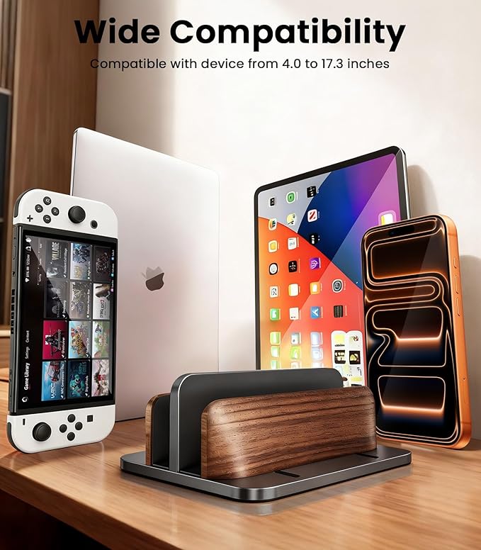 Vertical Laptop Stand, [Dual Slot Wooden + Aluminum Laptop Holder], Desktop Adjustable MacBook Stand, Adjustable Base, for MacBook Pro/Air, (up to 17.3-inch All laptops)