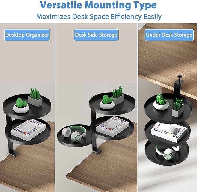 Swivel Clamp On Desk Shelf with 9.8in Adjustable Metal Storage Tray Above or Under Desk Storage 3-Tier Desk Extension Shelving Unit No Drilling Desktop Shelves for Max Desktop Thickness 2.4in