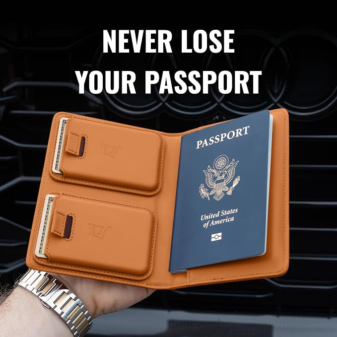 Kings Loot Passport Holder Wallet – RFID Blocking Leather Travel Wallet with Built-in Airtag Holder – Holds 1-6 Cards & Passport – Easy Pull Tab – Slim & Stylish Wallets (Honeywood)