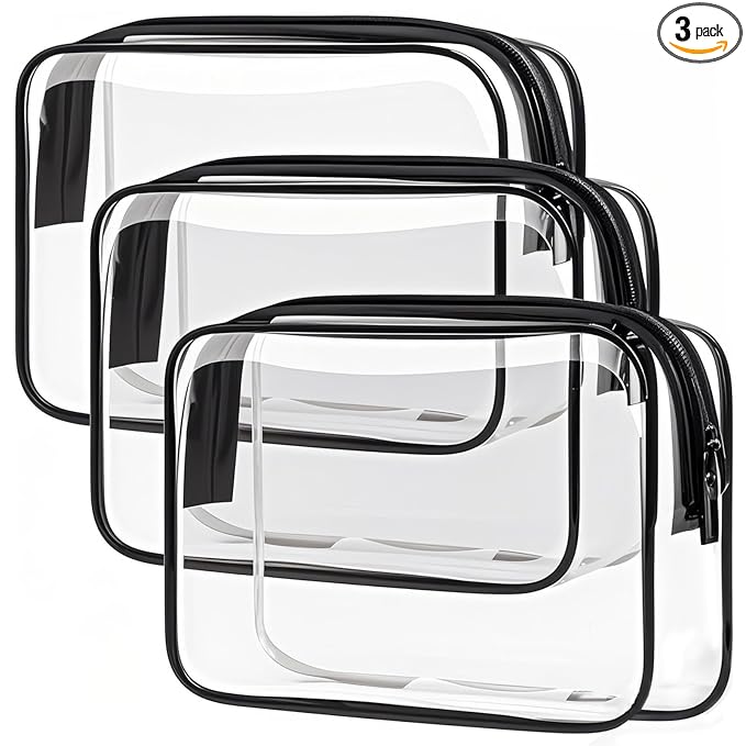TRODANCE Clear Toiletry Bag, 3 Packs TSA Approved Water resistant Travel Organizer, Airport Airline Travel Essential Carry On Makeup Cosmetic Bags for Women, Black - 3 packs