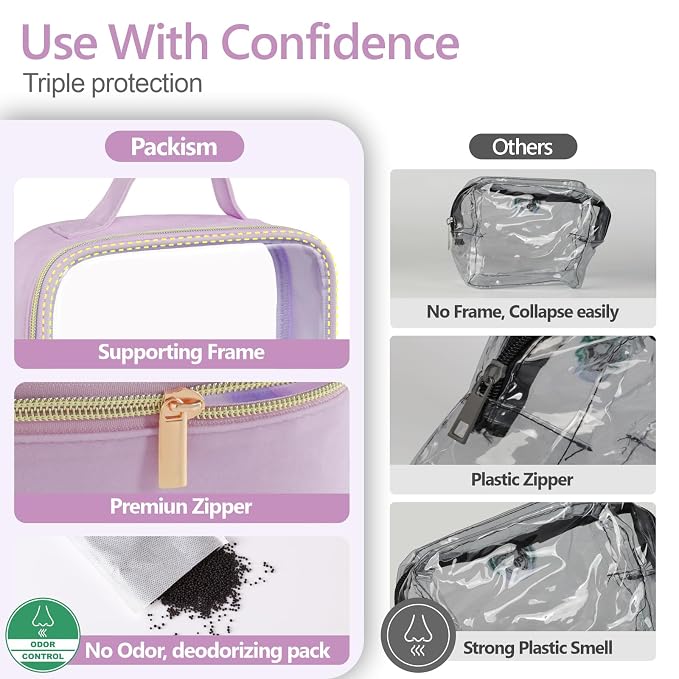 PACKISM Clear Makeup Bag Combo Pack, 1 TSA Approved Medium & Large for Checked Luggage, Clear Toiletry Bag with Handle, Water-resistant Travel Essentials Organizer, Purple