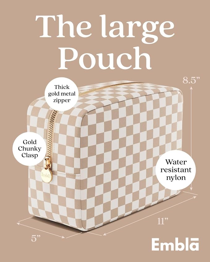 Embla Makeup Bag Travel Cosmetics Pouch and Toiletry Bag, Nylon Zipper Pouch Purse, Cute Make Up Organizer Storage Tote for Women Girls, Travel Skincare Case, Large Makeup Case, Sand Checkered