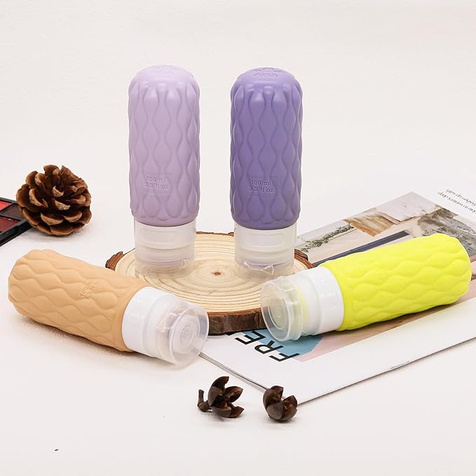 100 ml Silicone Travel Bottles for Toiletries with Labels/Clear Bag, Holiday Travel Essentials Leakproof Refillable Squeeze Travel Size Containers Set for Shampoo and Conditioner