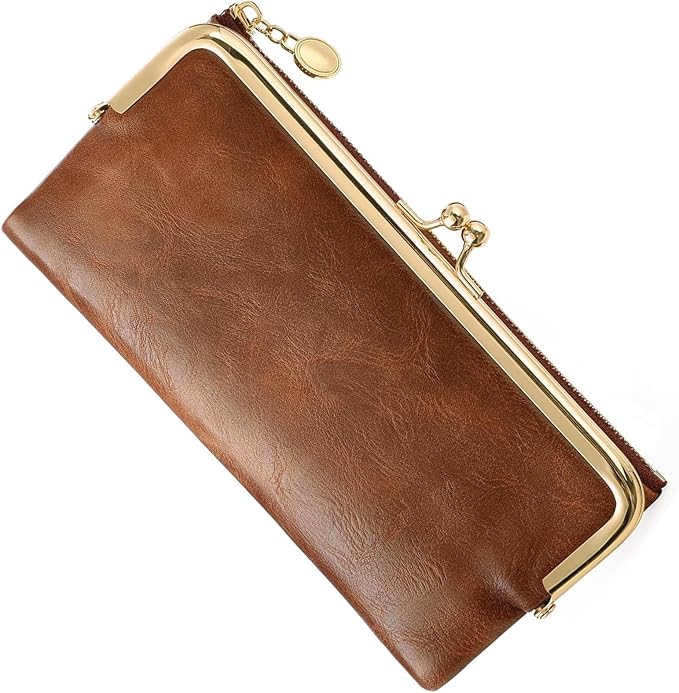 Vintage Wallets for Women Large Bifold Kiss Lock Wallet for Women Leather Zip Clutch Coin Purse