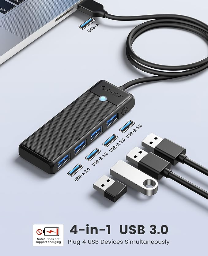 ORICO USB 3.0 Hub, 4-Port USB Hub with 3.3Ft Cable, Ultra Slim USB-Splitter for Laptop MacBook Pro, iMac, Surface Pro, XPS, PS5，PC, Flash Drive, Mobile HDD
