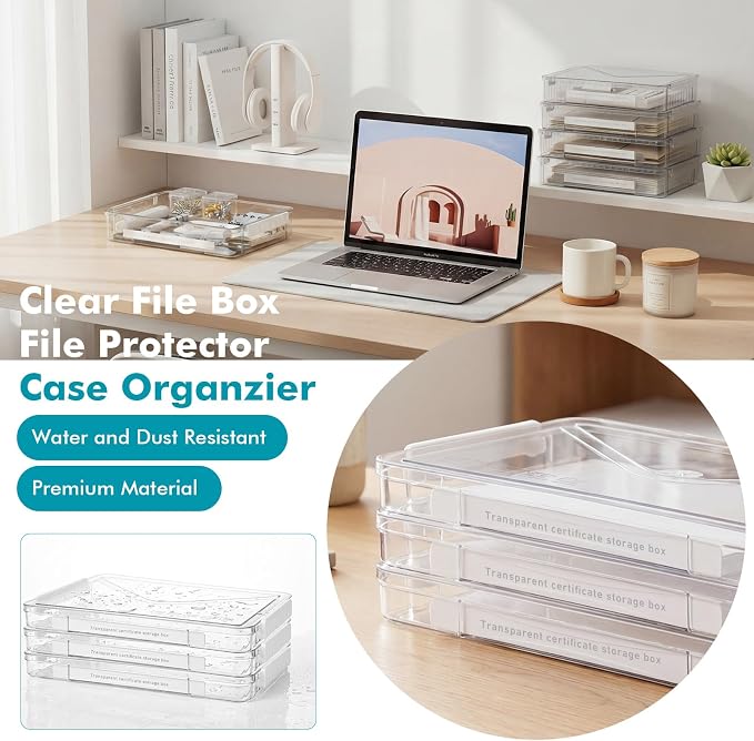 Novabright 5 Pack Clear Plastic File Boxes with Handle Portable Project Case Storage Bin with Lid Transparent Stackable Container Document Magazine Protector for A4 Paper Photo Scrapbook (White)