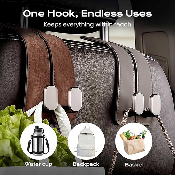Premium Suede Double Car Headrest Hooks 2 Pack Seat Back Organizer Purse Holder Heavy Duty Metal Auto Interior Storage Clip for Bags(Brown)