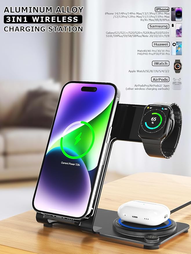 Wireless Charger, Aluminum Alloy 3 in 1 Wireless Charging Station for Apple iPhone/iWatch/Airpods,iPhone15 14,13,12,11 (Pro, ProMax)/XS/XR/XS/X/8(Plus),iWatch8/7/6/SE/5/4/3/2,AirPods 3/2/pro