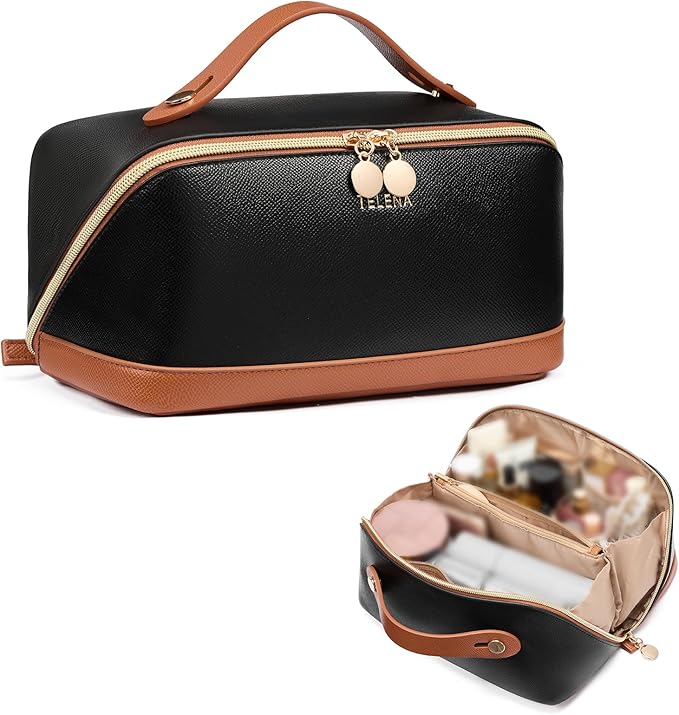 Telena Leather Make Up Bag Portable Travel Makeup Bag Waterproof Cosmetic Bags for Women Large Capacity With Handle and Divider Open Lay Flat