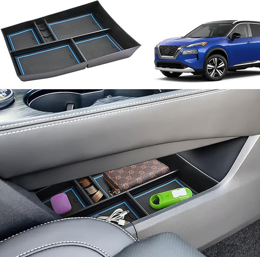 2021-2026 Rogue Center Console Organizer Lower, for Nissan Rogue (S/SV/SL/Platinum/Rock Creek/Dark Armor), Durable ABS &Anti-Slip Rubber Console Tray Insert 2026 2025 Rogue Accessories (Blue)