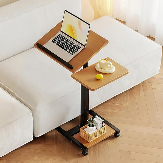 Laptop Desk Stand for Bed Portable Desk Overbed Bedside Mobile Laptop Table Rolling Foldable Table Adjustable Height with Locked Wheels & Mouse Pad for Office Sofa (Natural Color)