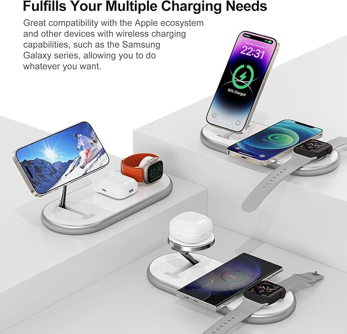 3 in 1 Charging Station for Apple - Faster Mag-Safe Charger Stand for iPhone - Magnetic Wireless Charger Station for iPhone 17/16/15/14/13/12 Series, Apple Watch Series, AirPods Pro (White)
