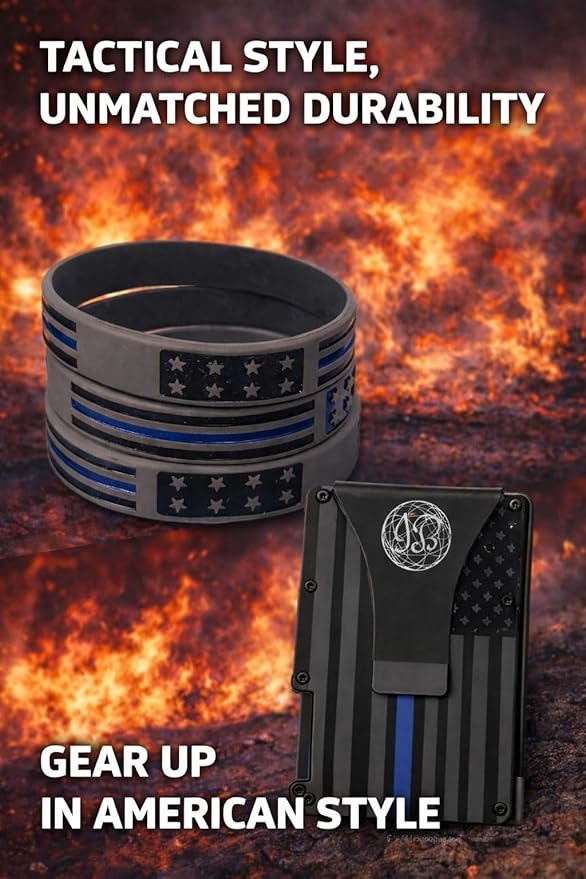 Black & Gray American Flag Engraved, Minimalist Wallet, RFID Blocking Aluminum Slim Wallet (Blue Clip with 3 V.Band)