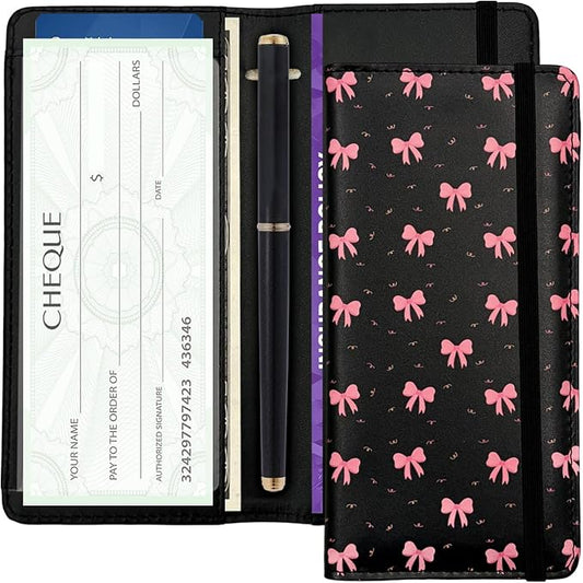 Letter Checkbook Cover, RFID Blocking Checkbook, Stylish, Lightweight, Slim Durable, Multi-Functional Checkbook Holder for Personal and Business Checks (Bow-Black)