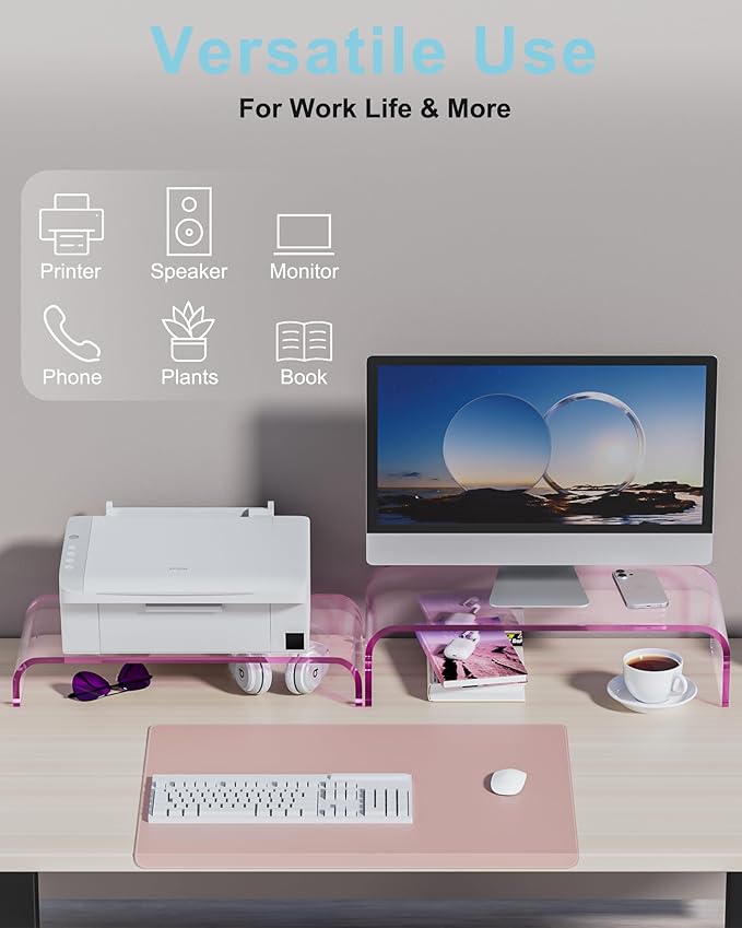 Acrylic Dual Monitor Stand Riser 2 Tier, Modular Laptop Stand for Desk, Multifunctional Desktop Organizer Shelf for PC, iMac, Printer, Detachable Monitor Stand for Office or Home, Pink