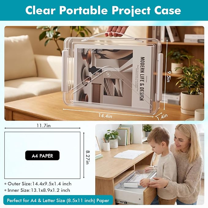 Novabright 5 Pack Clear Plastic File Boxes with Handle Portable Project Case Storage Bin with Lid Transparent Stackable Container Document Magazine Protector for A4 Paper Photo Scrapbook (White)