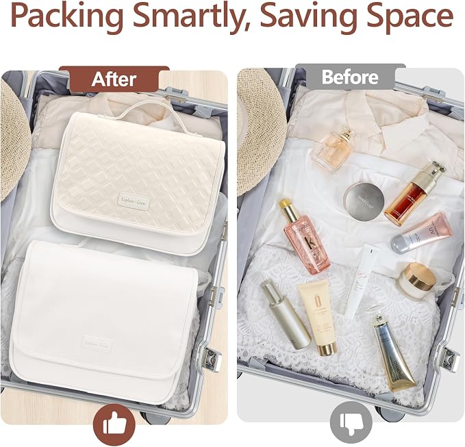 PACKISM Hanging Travel Toiletry Bag for Women - Fabric Travel Makeup Organizer with Detachable Makeup Bag and 4 Smart Large Compartments, for Full-Sized Toiletries, Off White (M)