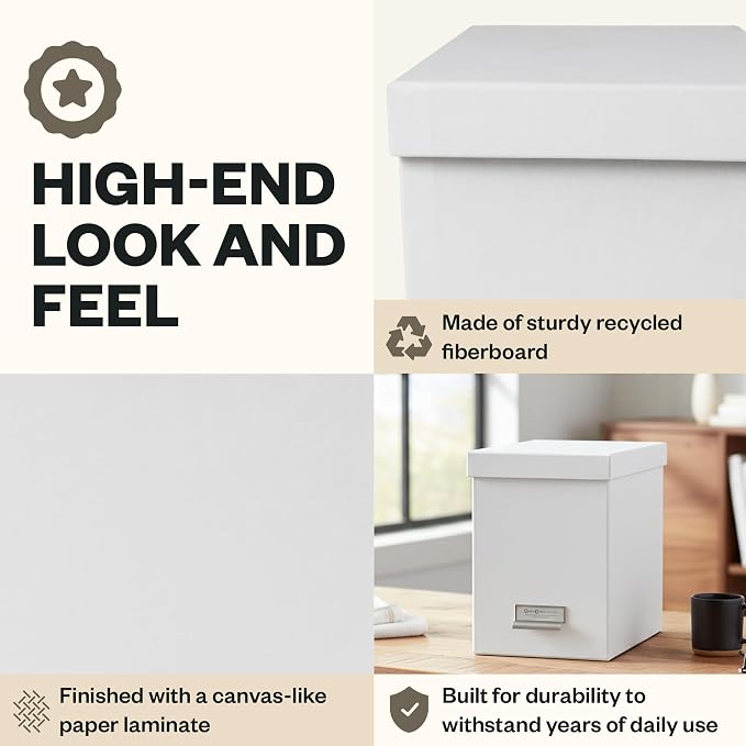 Bigso John Fiberboard Label Frame Desktop File Storage Box - Document Organizer for Important Paperwork - Durable Hanging File Box with Lid & Metal Label Window - 7.36 x 13.38 x 10.51 in - White - 2pk