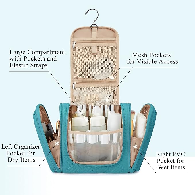 BAGSMART Large Travel Toiletry Bag for Women, Hanging Toiletry Bag with Hook, Travel Cosmetic Makeup Bag Travel Organizer for Accessories, Shampoo, Full Sized Container, Toiletries,Blue-Large