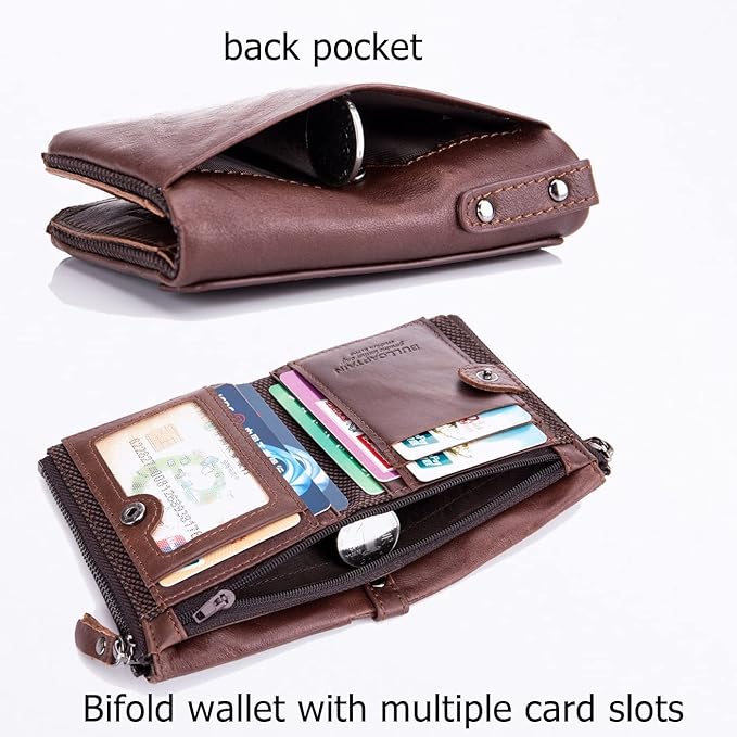 BULLCAPTAIN Genuine Leather Wallet for Men Vintage Bifold Double Zipper Coin Purse (Coffee)