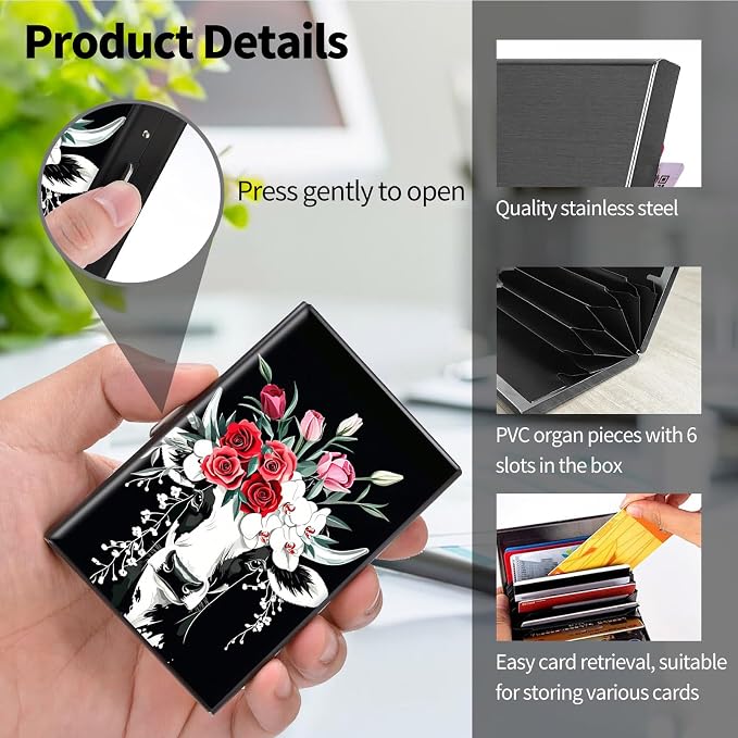 Metal Wallet, Credit Card Holder for Women Men Girls, RFID Blocking Aluminum Wallet Slim Hard Case, Mini Travel Wallet, ID Card Holder Business Card Case,Art Cow
