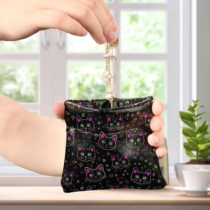 Neon Cat Women's Waterproof PU Leather Coin Purse, Slim Travel Wallet with Zipper - Compact Card Holder & Jewelry Organizer for Cash, Keys, Lipstick