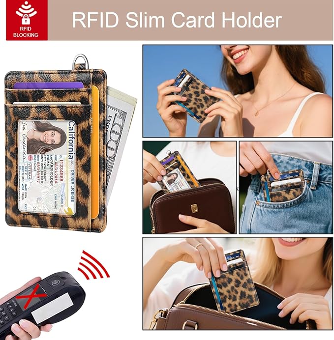 Coco Rossi Slim Front Pocket Wallet Minimalist RFID ID Card Holder Cute Small Wallets with Wrist Lanyards Key Chain Holder for Women, Brown Leopard
