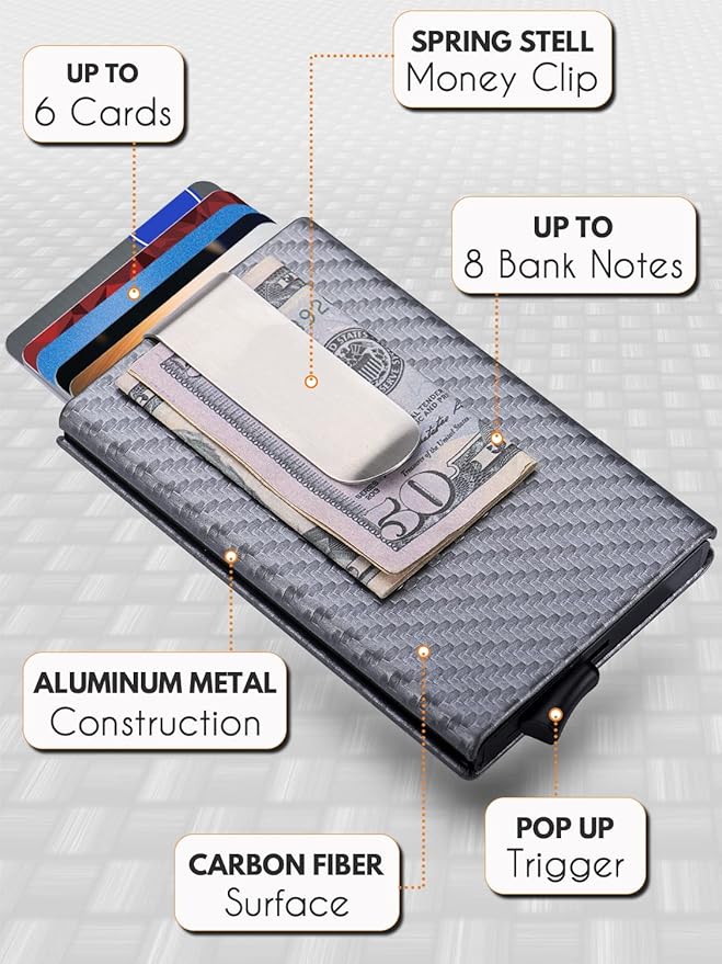 Pop Up Stealth Wallet for Men&Women - RFID Blocking Card Wallet with Money Clip - Minimalist Leather Wrapped Card Holder - Front Pocket Slim Wallet for 6 Credit Cards - Silver Wallet Gifts for Him