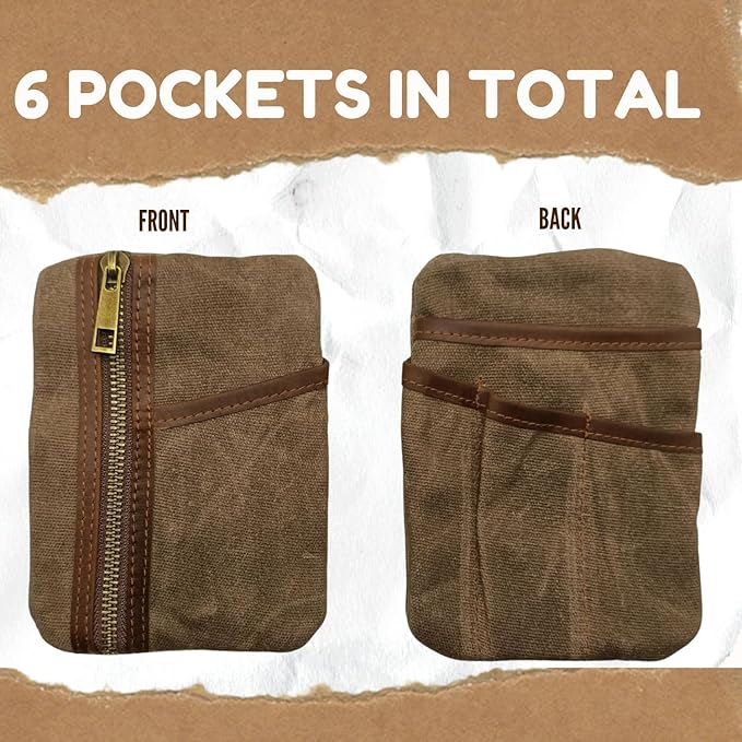 EDC Pouch 6 Pockets Organizer Waxed Canvas and Leather EDC Wallet Pocket Pouch for Men Women Vintage Brown