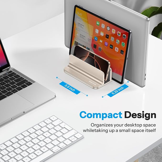 OMOTON Vertical Laptop Stand [Updated 3-Slots Version], Desktop Aluminum Mac Book Stand with Adjustable Dock Size, Fits All Mac Book, Chrome Book and Gaming Laptops (Up to 17.3 inch), Starlight
