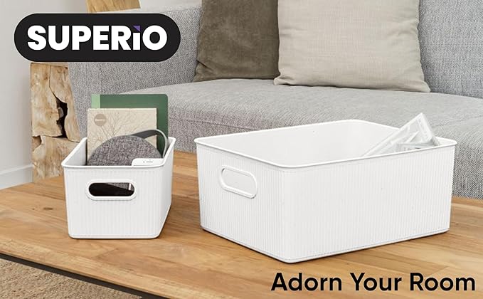 Decorative Plastic Basket Lidded Home Storage Bins Organizer Baskets, Large White (1 Pack - 15 Liter) Stackable Container Box, for Organizing Closet Storage Bins for Shelves - Ribbed Collection