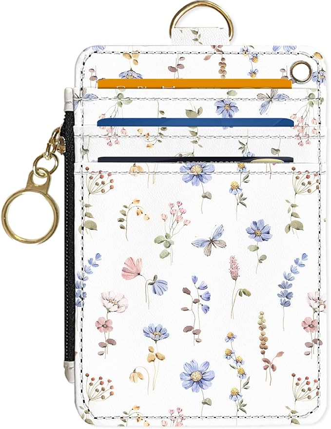 Slim Wallet Credit Card Holder, White And Purple Floral Print, RFID Wallet Women Cute Small Front Pocket Wallet With Zipper, PU Leather Thin travel RFID Blocking Card Case ID Window ,Ladies Gifts