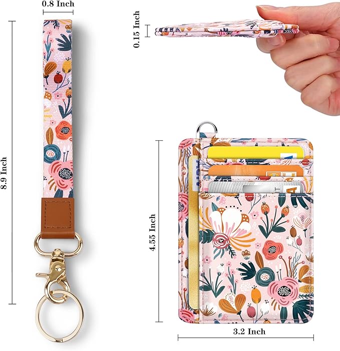 Coco Rossi Slim Front Pocket Wallet RFID ID Card Holder Cute Small Wallet with Wrist Lanyards Key Chain Holder for Women,Pink Flowers