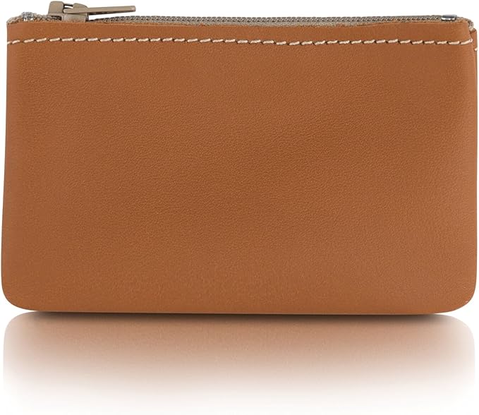 Genuine Leather Small Zipper Pouch Coin Purse for Women Change Holder for Men Size 4 x2.5 Made in U.S.A (Tan)