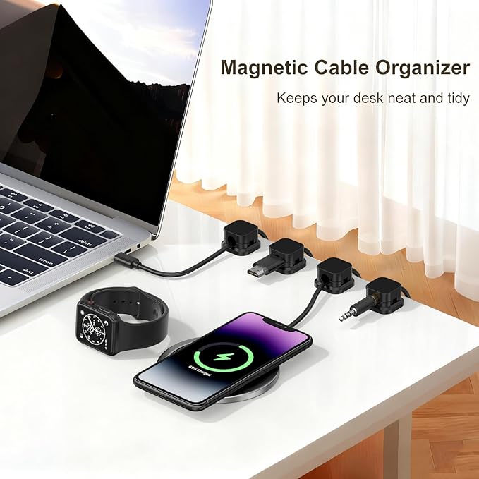 6 Pack Magnetic Cable Clips, Cord Organizer Holder with Strong Adhesive, Desk Cable Management for Home Office Car Desktop Nightstand, Adjustable Wire Keeper, Black