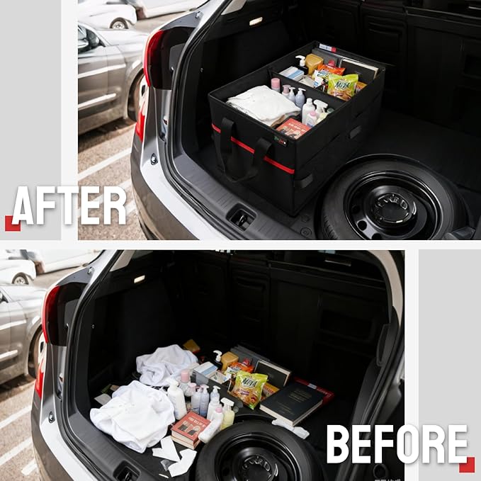 PAT SAM'S Car Trunk Organizer for SUV, Foldable Collapsible Storage Organizer with Dividers, Non-Slip Waterproof 600D Oxford, Backseat & Trunk Storage for Groceries, Tools, Toys (Black)