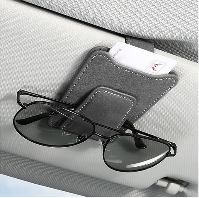 Sunglass Holder for Car Visor, Magnetic Leather Vehicle Eyeglass Hanger Holder, Automotive Interior Sun Visor Glasses Ticket Card Organizer Clip, Universal for SUV RV Lorry (Gray)