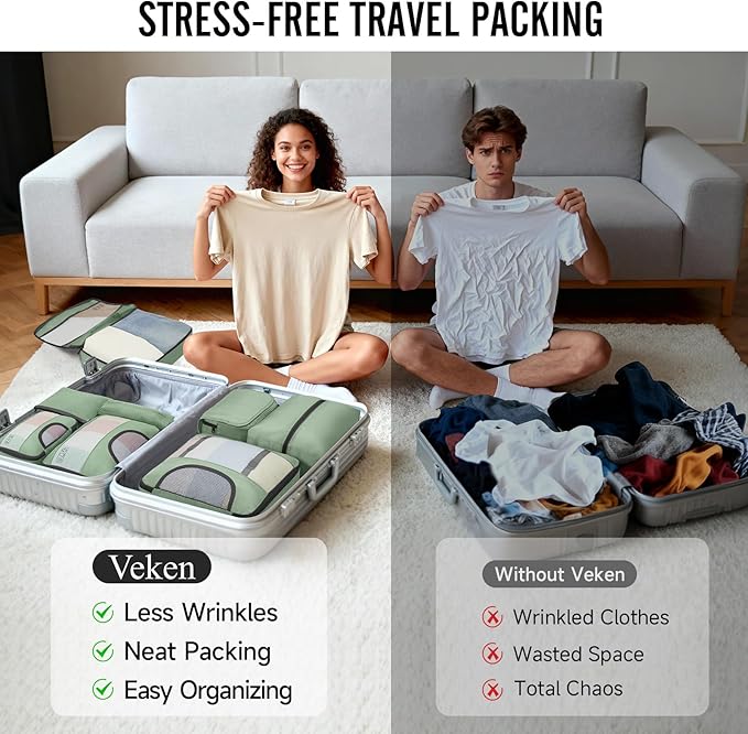 Veken 8 Set Packing Cubes for Travel Essentials, Suitcase Organizer Bags in 4 Sizes, Carry-On Luggage Accessories with Large Laundry & Hanging Toiletry Bag, Must-Have for Airplane, Road Trip & Camping
