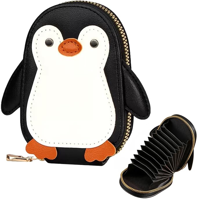 Novel and Interesting Cute Cartoon Penguin-shaped Coin Purse PU Leather Accordion Card Holder Large Capacity Zippered Money and Card Organizer Portable Mini Pocket Coin Purse Key Pouch (black)
