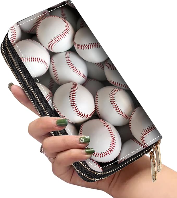 Women's Large Capacity Wallet PU Leather Double Zipper Clutch Purse Multifunctional Wallet with Removable Wristlet Strap for Smart Phone/Coin/Card/Cash, Baseballs